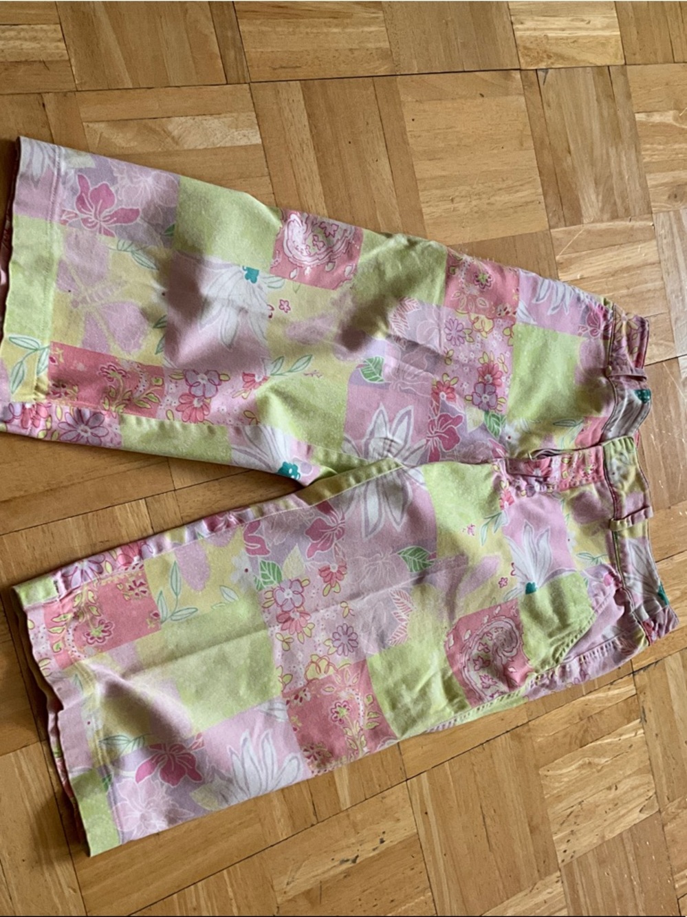 Bay Studio Floral Patchwork Capri Pants in Pink and Lime